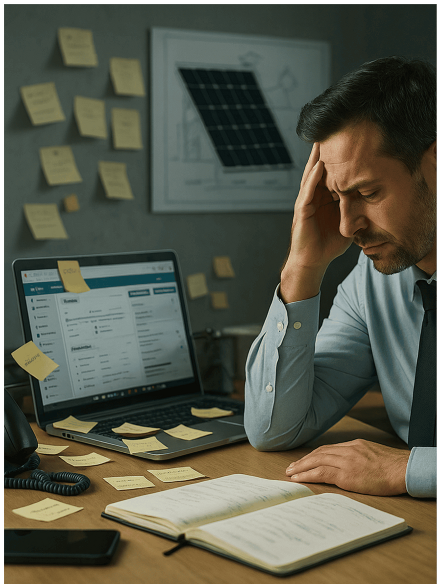 Mistake-5-Education-Gap-Explainer A confused homeowner listening to a solar rep explain ROI and system details, contrasted with the same homeowner later forgetting the information — illustrating that 70% of information is lost within 24 hours.