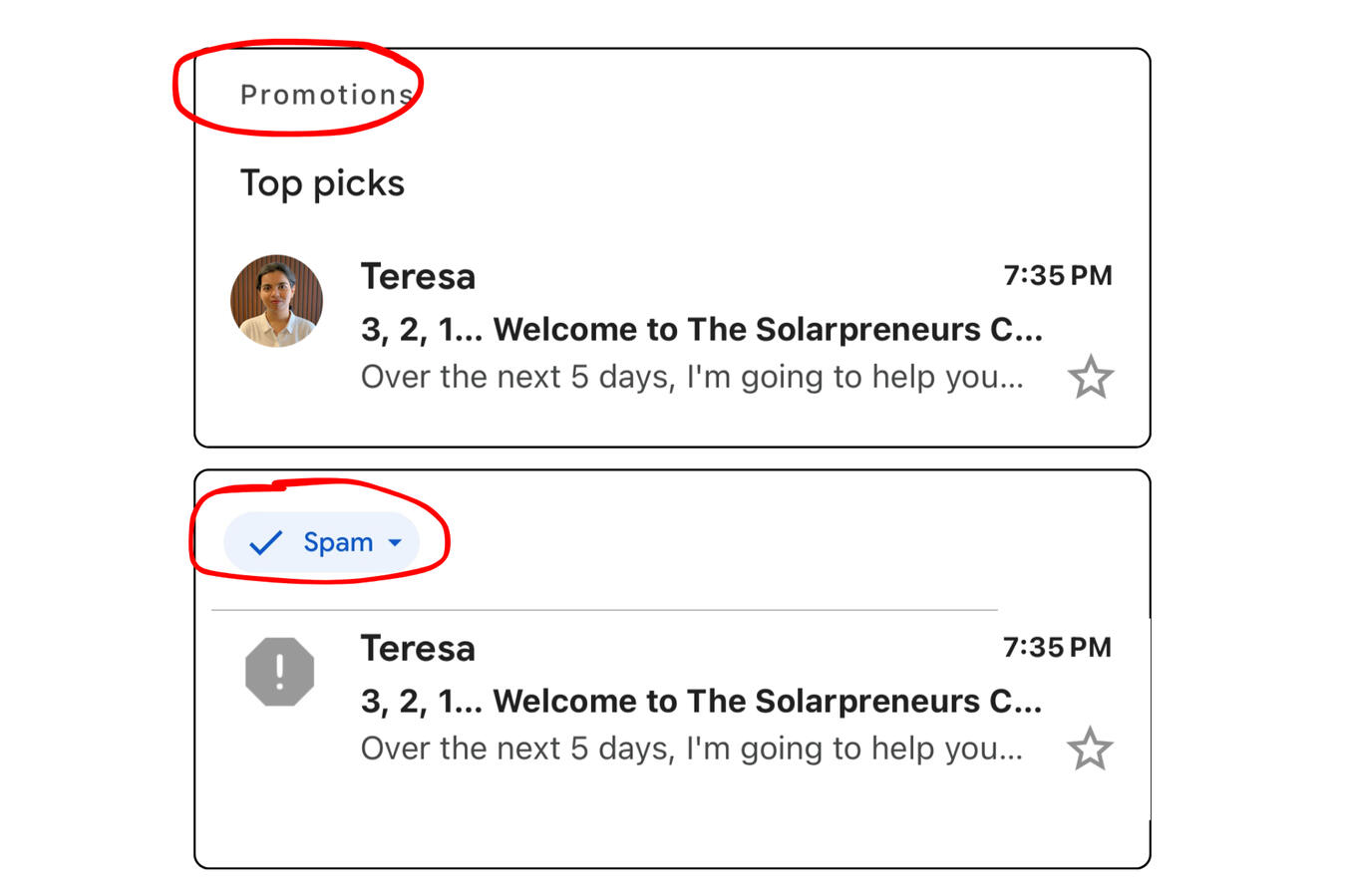 Promotions or Spam Example – Email Deliverability Reminder Screenshot showing how emails from new senders may land in Gmail’s Promotions or Spam tab, reminding users to check these folders if the email isn’t in their main inbox.