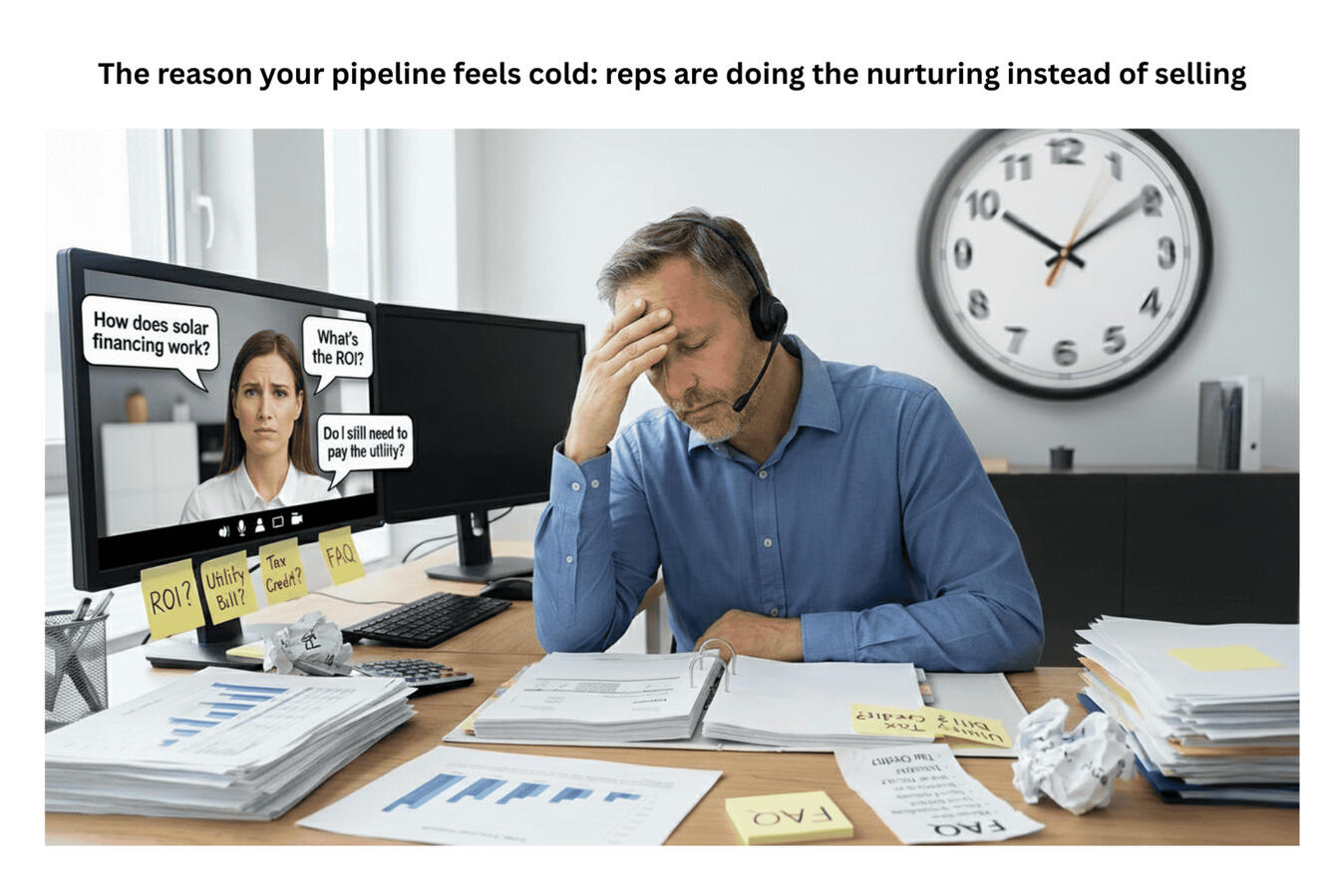 mistake-3-reps-nurturing-instead-of-selling Solar sales rep overwhelmed on a call while answering basic questions, illustrating how reps end up nurturing instead of selling.