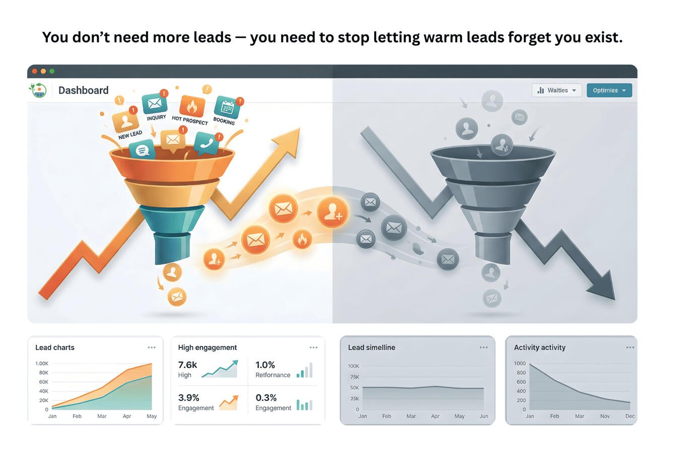 Mistake 4 – Peak-Season Demand vs Year-Round Nurture Illustration showing two funnels: one healthy, nurtured funnel with rising engagement and one neglected funnel with declining activity — representing why relying only on peak-season demand kills installs.