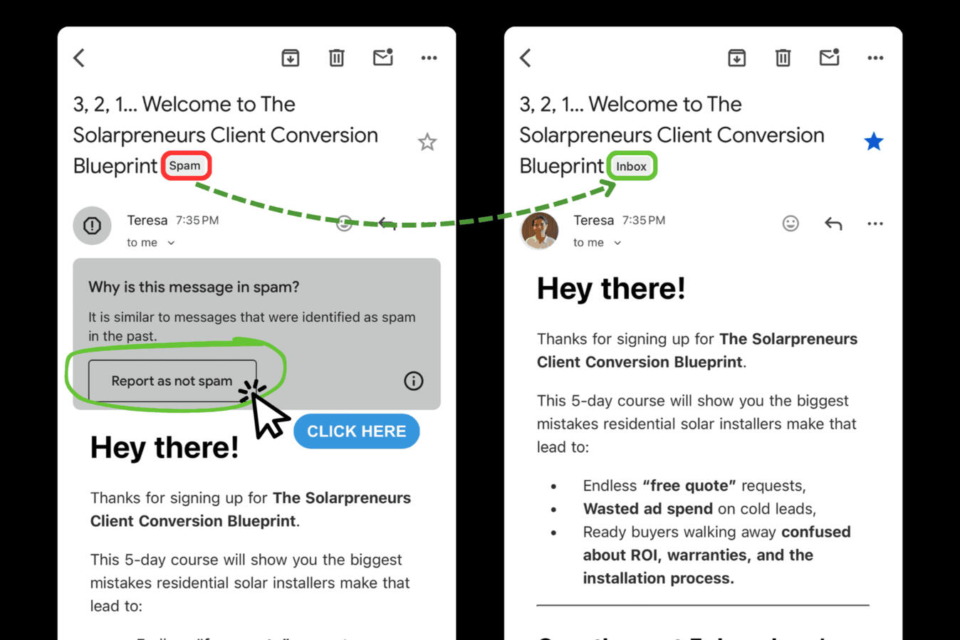 How to Mark My Email as Not Spam (Gmail Preview Image) Screenshot showing a Gmail email mistakenly placed in the Spam folder on the left, with a button labeled “Report as not spam,” and the same email correctly appearing in the Inbox on the right. Demonstrates how to move the email from Spam to Inbox so future